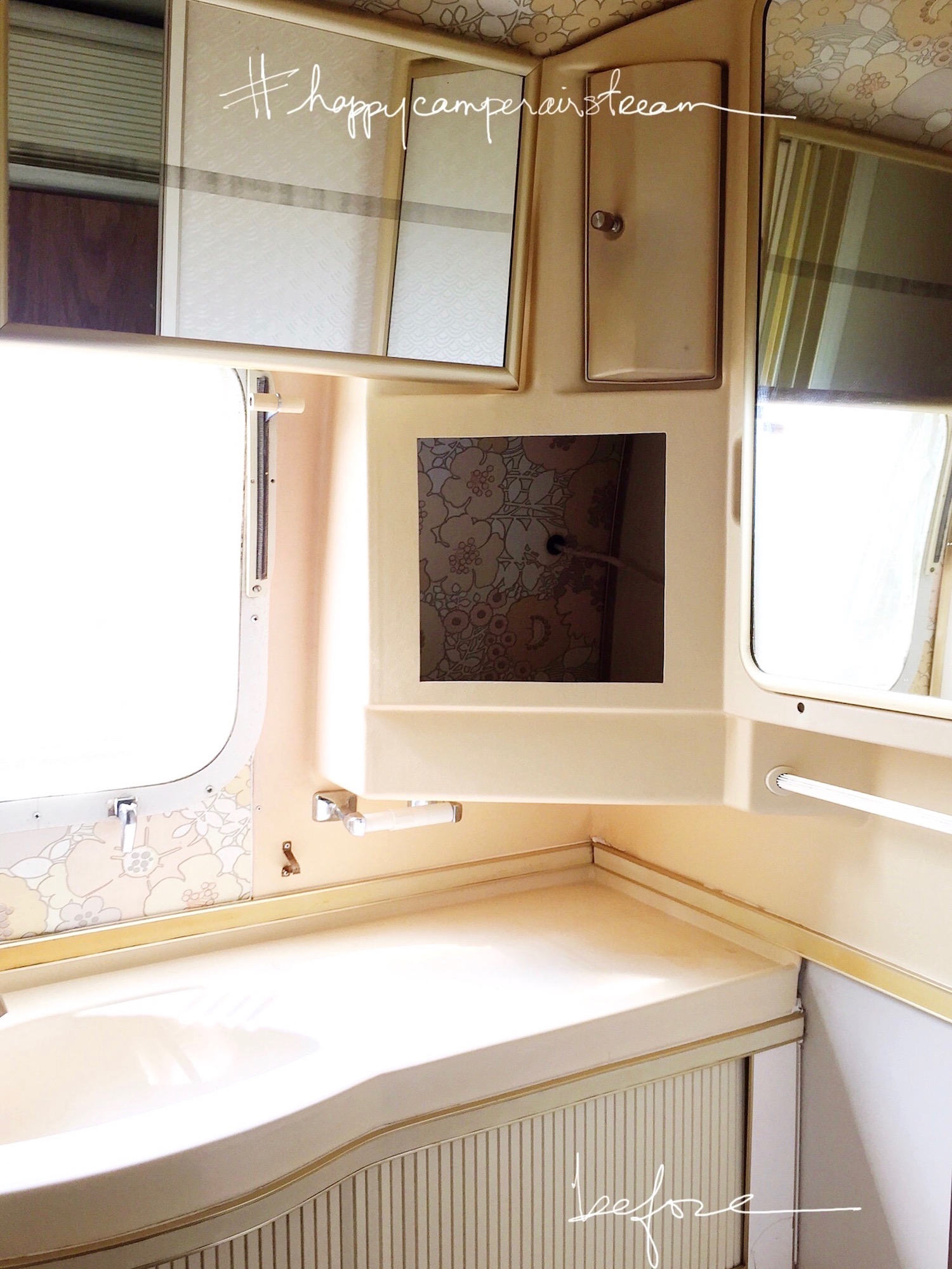 The before photo of a 1976 vintage airstream, transformed with white paint, gold accents and gorgeous home decor. A must see! Click on the photo to see more. Airstream by Lynne Knowlton from Design The Life You Want to Live www.lynneknowlton.com